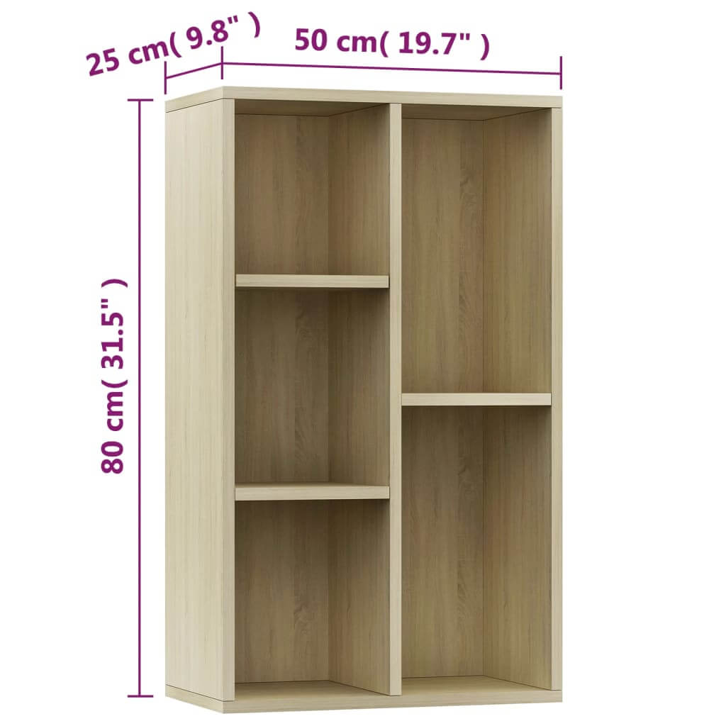 Book cabinet in Sonoma oak with dimensions 50x25x80 cm, featuring 5 compartments for organized storage.