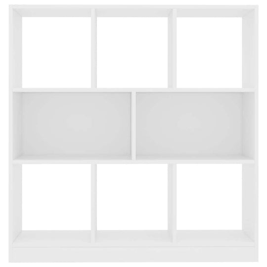 White book cabinet with 8 spacious compartments for organizing books and decor, made of durable engineered wood.