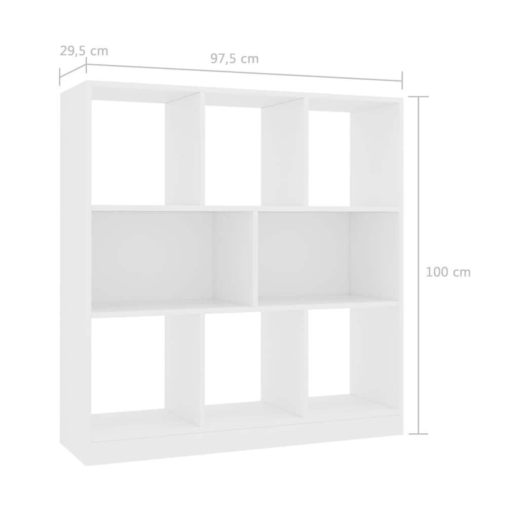 White book cabinet with 8 compartments, dimensions 97.5x29.5x100 cm, made of durable engineered wood.