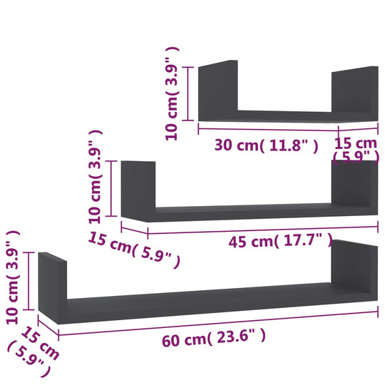 Wall Display Shelf 3 pcs Grey Engineered Wood