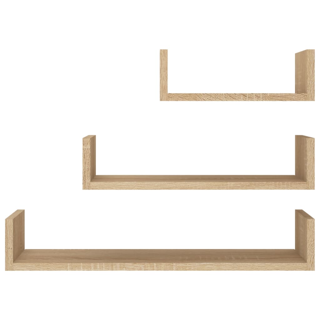 Set of 3 Sonoma oak engineered wood wall display shelves in a contemporary design, perfect for functional home decor.