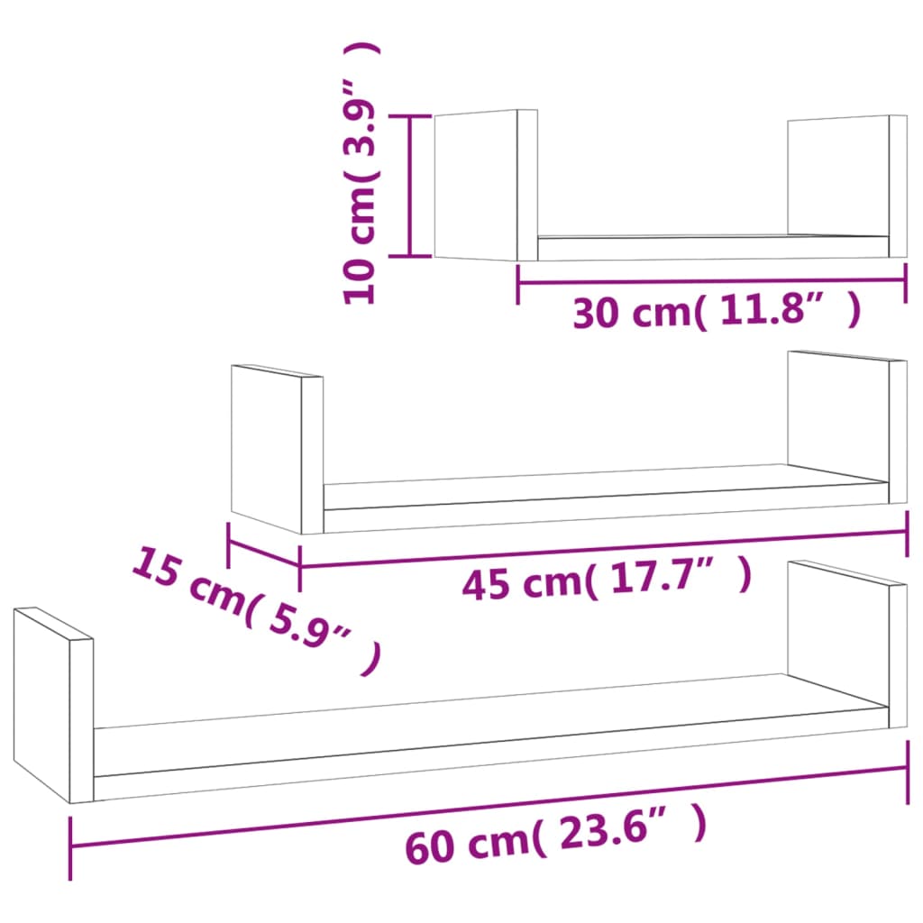 Dimensions of Sonoma Oak Wall Display Shelf set: 3 shelves in various lengths, showcasing elegant and functional design.