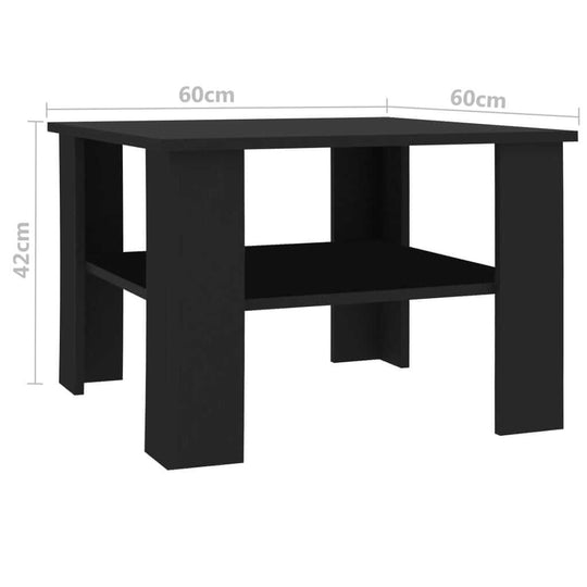 Coffee table in black engineered wood with dimensions 60x60x42 cm and an additional storage shelf for home decor.