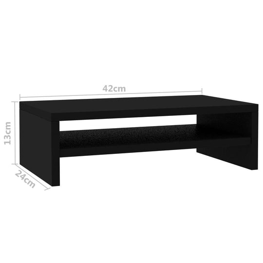 Black monitor stand 42x24x13 cm made of engineered wood, ideal for desktops and multimedia devices. Modern minimalist design.