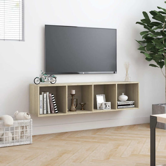Book Cabinet/TV Cabinet Sonoma Oak 143x30x36 cm with shelves and TV in a modern living room setting.