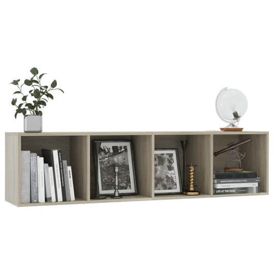 Book Cabinet/TV Cabinet Sonoma Oak 143x30x36 cm with 4 compartments showcasing books and decor.
