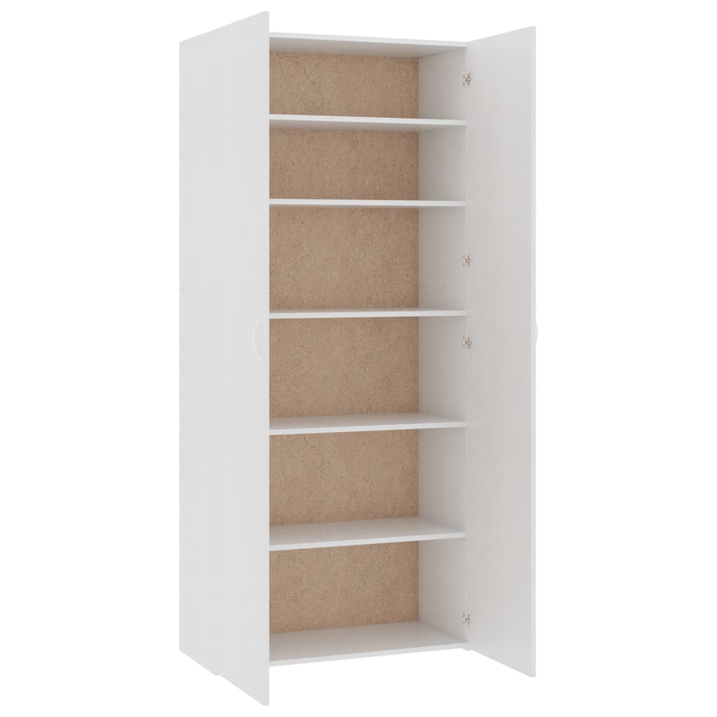 White shoe cabinet with six shelves, made of engineered wood, ideal for organizing footwear in any hallway or bedroom.