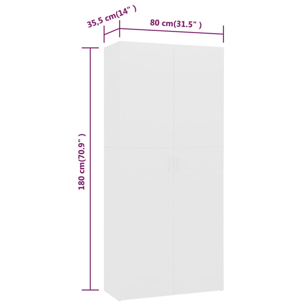 White shoe cabinet dimensions 80x35.5x180 cm; elegant storage solution for shoes in engineered wood.