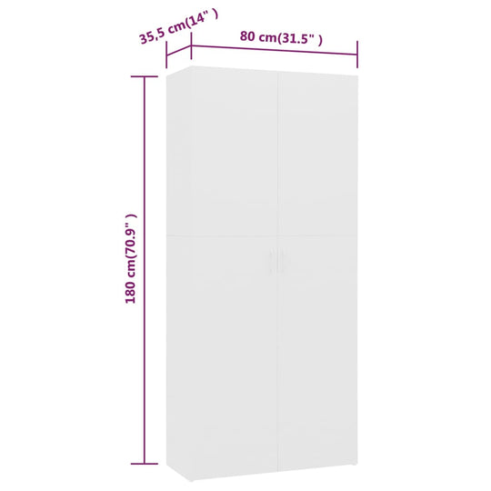 White shoe cabinet dimensions 80x35.5x180 cm; elegant storage solution for shoes in engineered wood.