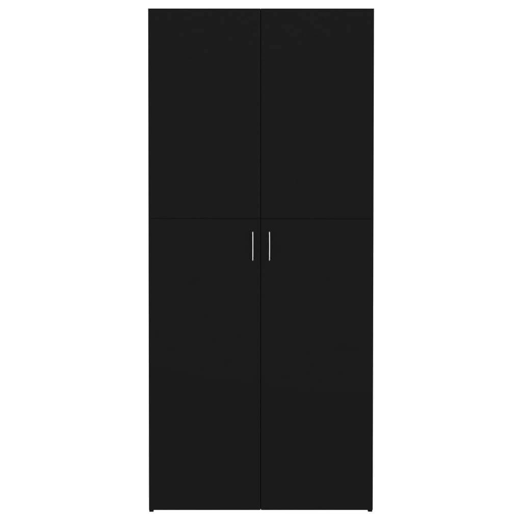 Black shoe cabinet with four doors and sleek design, made from durable engineered wood, perfect for organized storage.