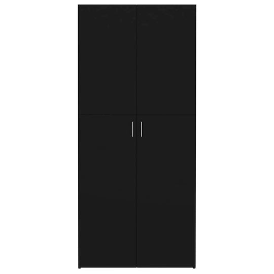 Black shoe cabinet with four doors and sleek design, made from durable engineered wood, perfect for organized storage.