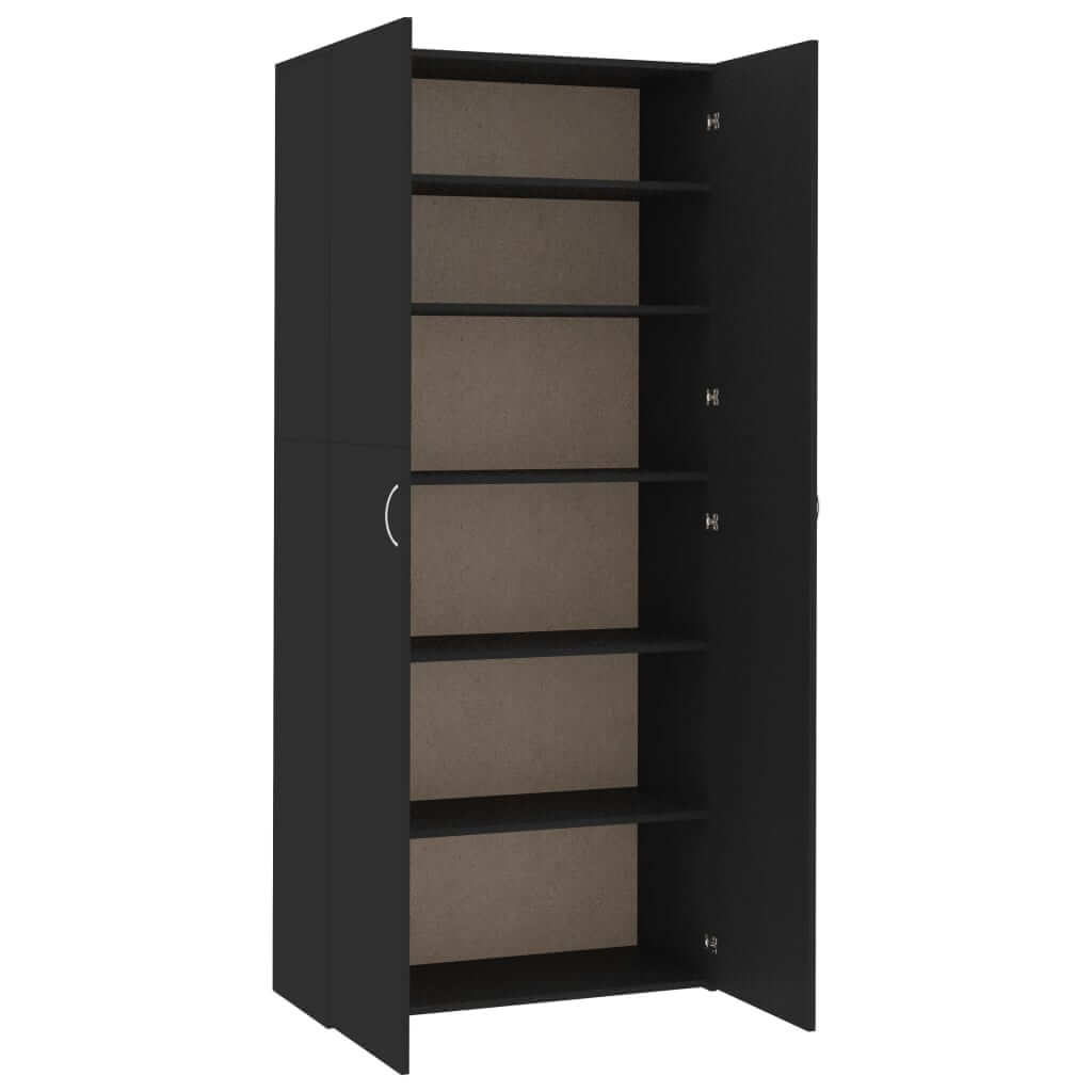 Black shoe cabinet with six shelves, made of engineered wood, ideal for hallway storage solutions.