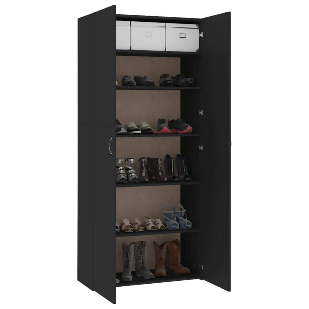 Black shoe cabinet with six shelves and storage boxes, perfect for organized shoe storage in hallways or bedrooms.