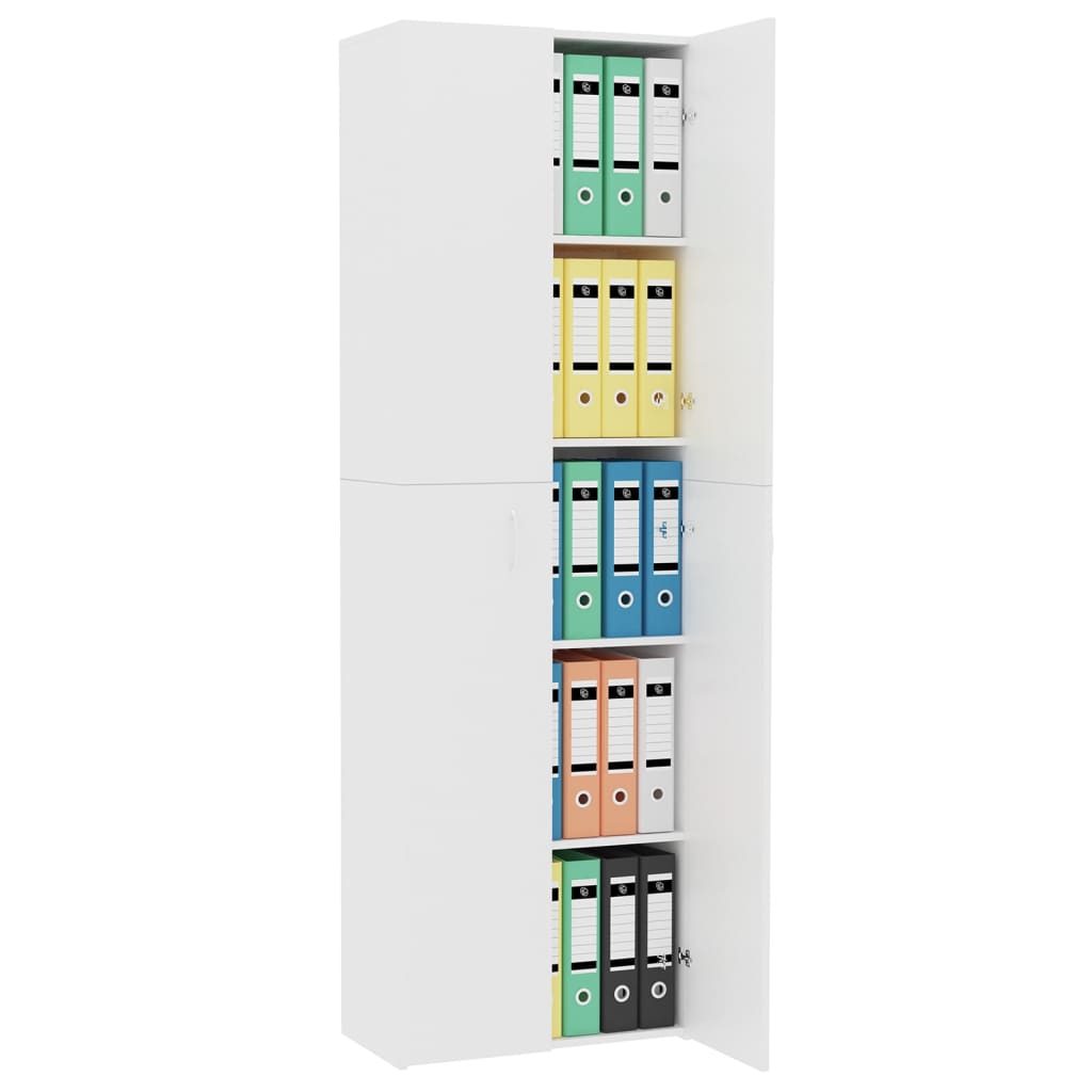 White office cabinet with two doors and five shelves, organized with colorful file binders in a minimalist design.