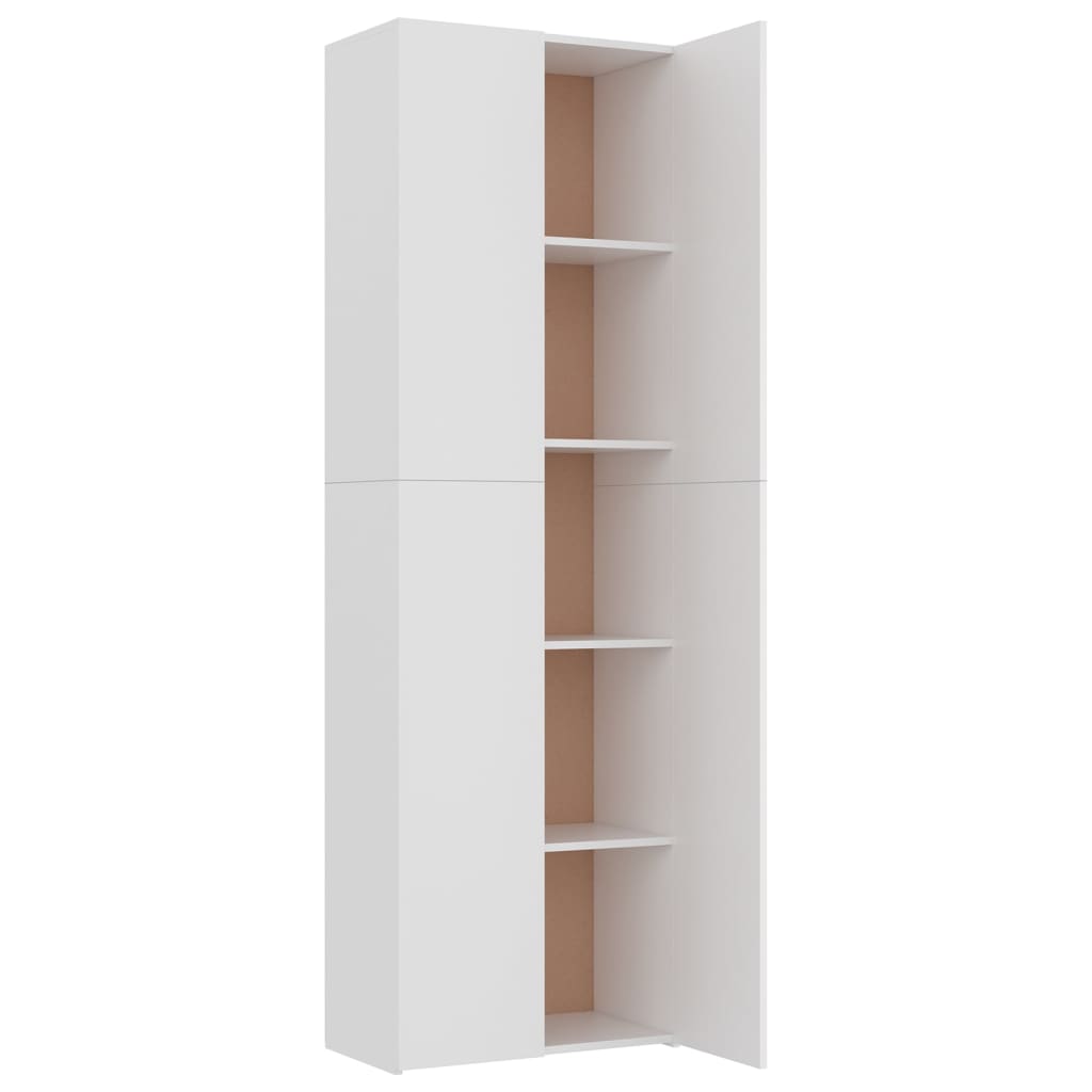 Elegant white office cabinet with 5 shelves and two doors, made from sturdy engineered wood. Perfect for organizing office supplies.