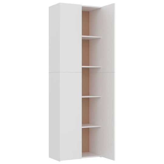 Elegant white office cabinet with 5 shelves and two doors, made from sturdy engineered wood. Perfect for organizing office supplies.