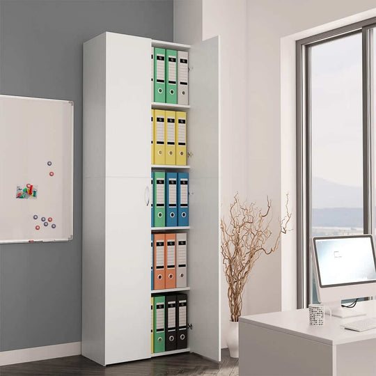 Elegant white office cabinet with colorful file folders, perfect for organized storage in a minimalist workspace.