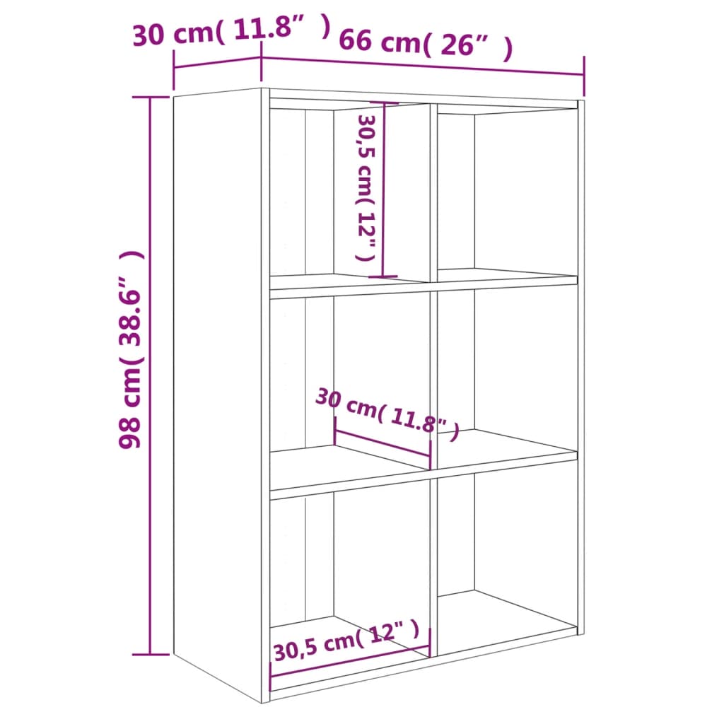 Dimensions of Sonoma Oak Book Cabinet: 66x30x98 cm, featuring 6 compartments for organized storage.