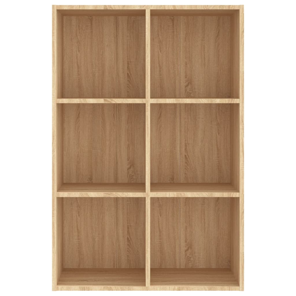 Book cabinet with six compartments in Sonoma oak finish, ideal for organizing books and multimedia devices.