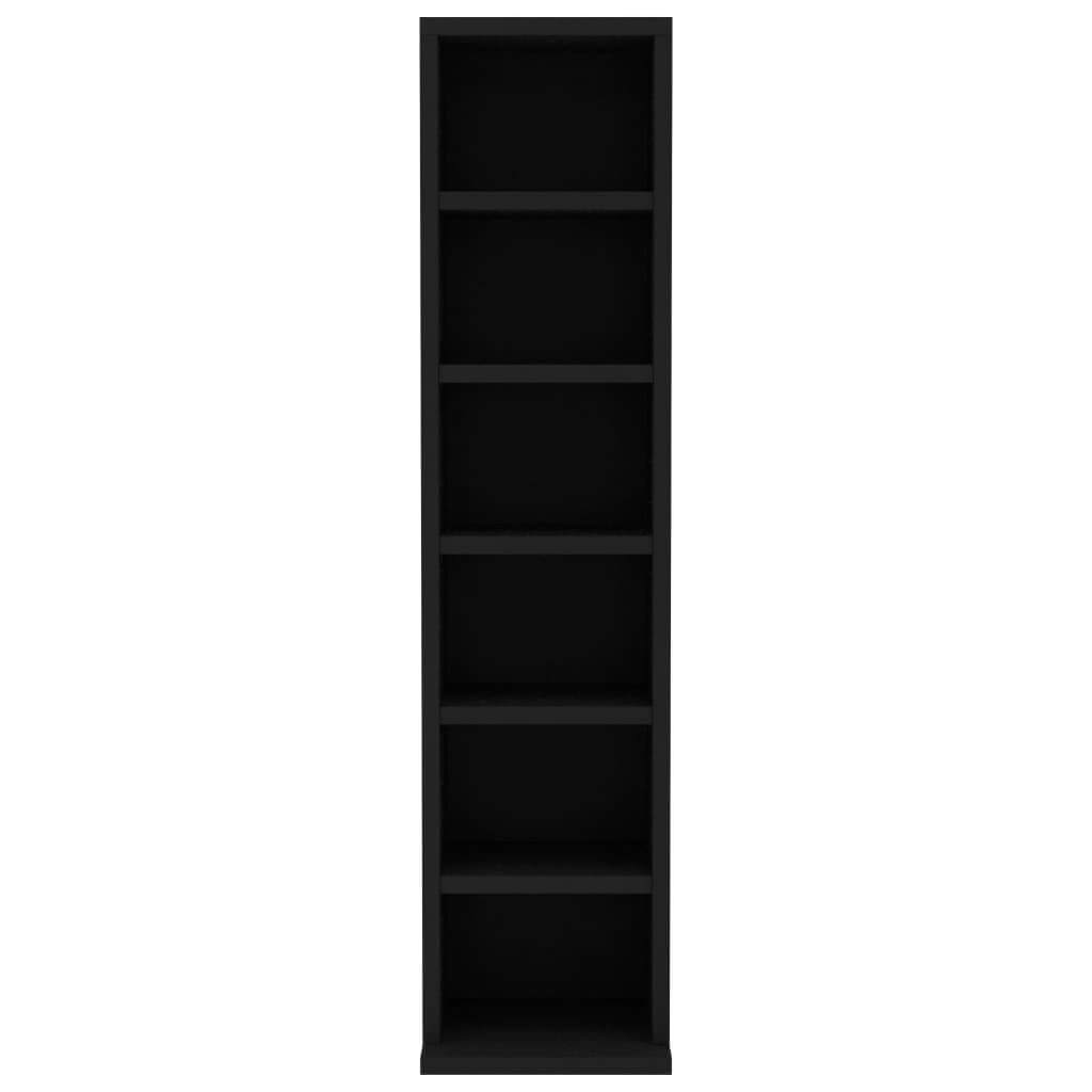 Black CD cabinet with six open compartments, designed for organizing and storing music collections.