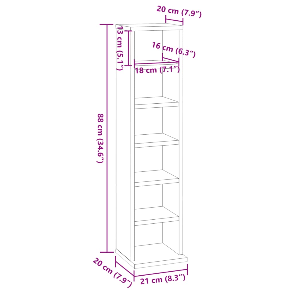 Dimensions of a black CD cabinet made from engineered wood, featuring six shelves for storage at 21x20x88 cm.