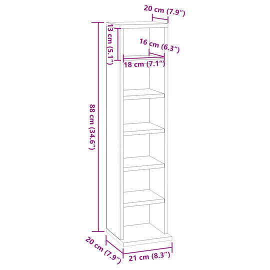 Dimensions of a black CD cabinet made from engineered wood, featuring six shelves for storage at 21x20x88 cm.