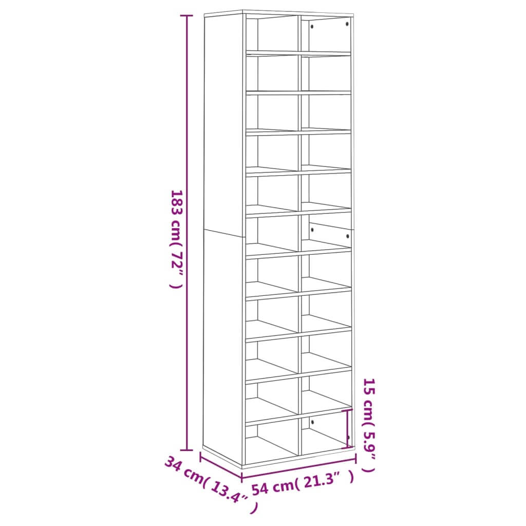 Dimensions of a black shoe cabinet, 54x34x183 cm, featuring 22 compartments for organized shoe storage.