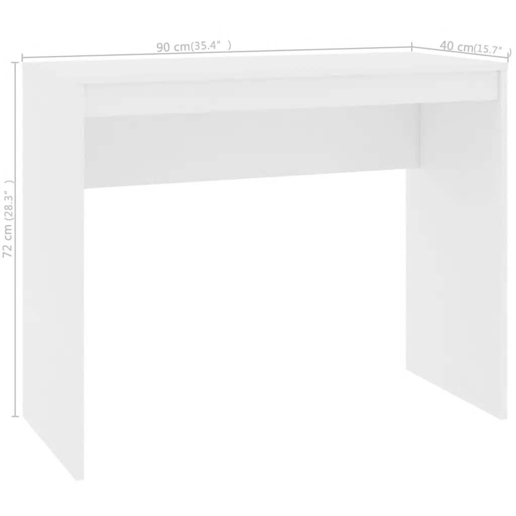 Sleek white desk made of engineered wood, dimensions 90x40x72 cm, perfect for limited spaces and versatile use.