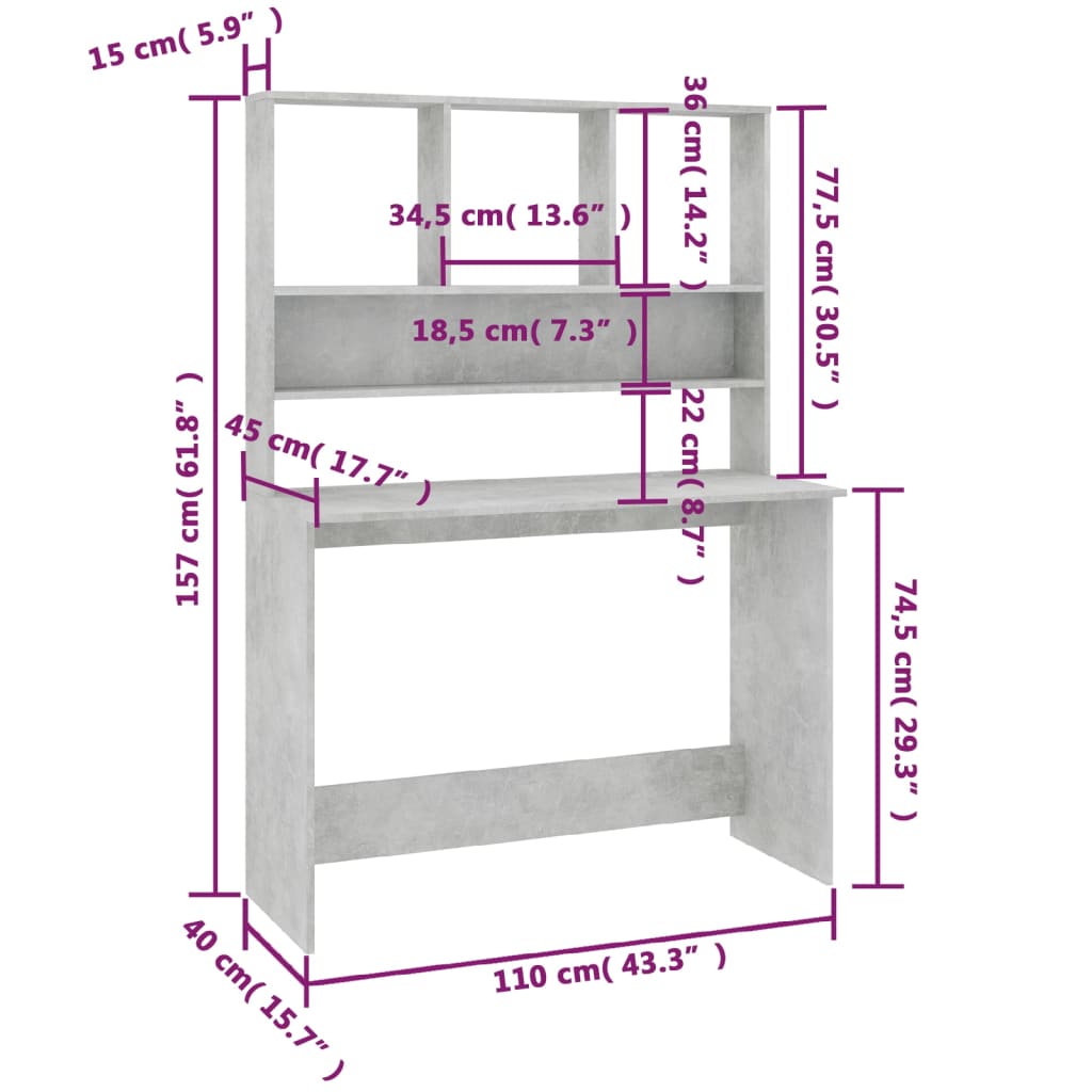 Desk with Shelf Concrete Grey 110x45x157 cm Engineered Wood