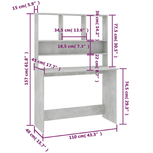 Desk with Shelf Concrete Grey 110x45x157 cm Engineered Wood