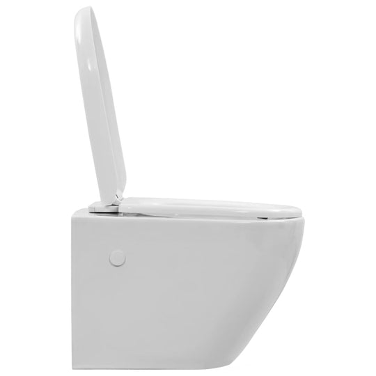 Side view of a modern wall hung rimless toilet in durable white ceramic, featuring an easy-clean design and hygienic surface.