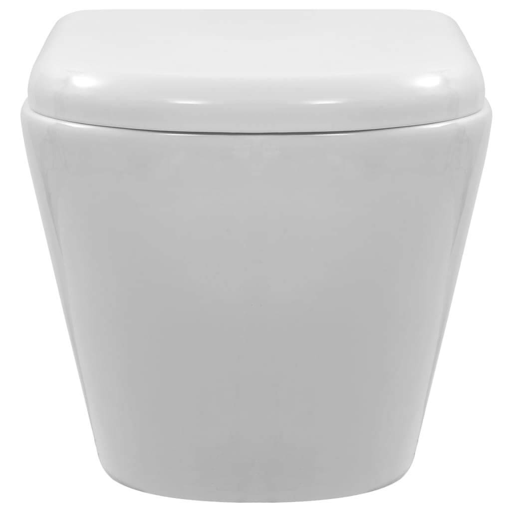 Wall hung rimless toilet in glossy white ceramic for modern bathroom upgrade and easy cleaning.