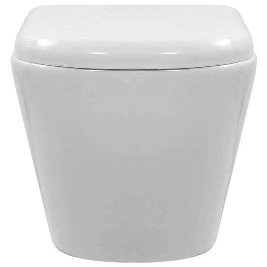 Wall hung rimless toilet in glossy white ceramic for modern bathroom upgrade and easy cleaning.