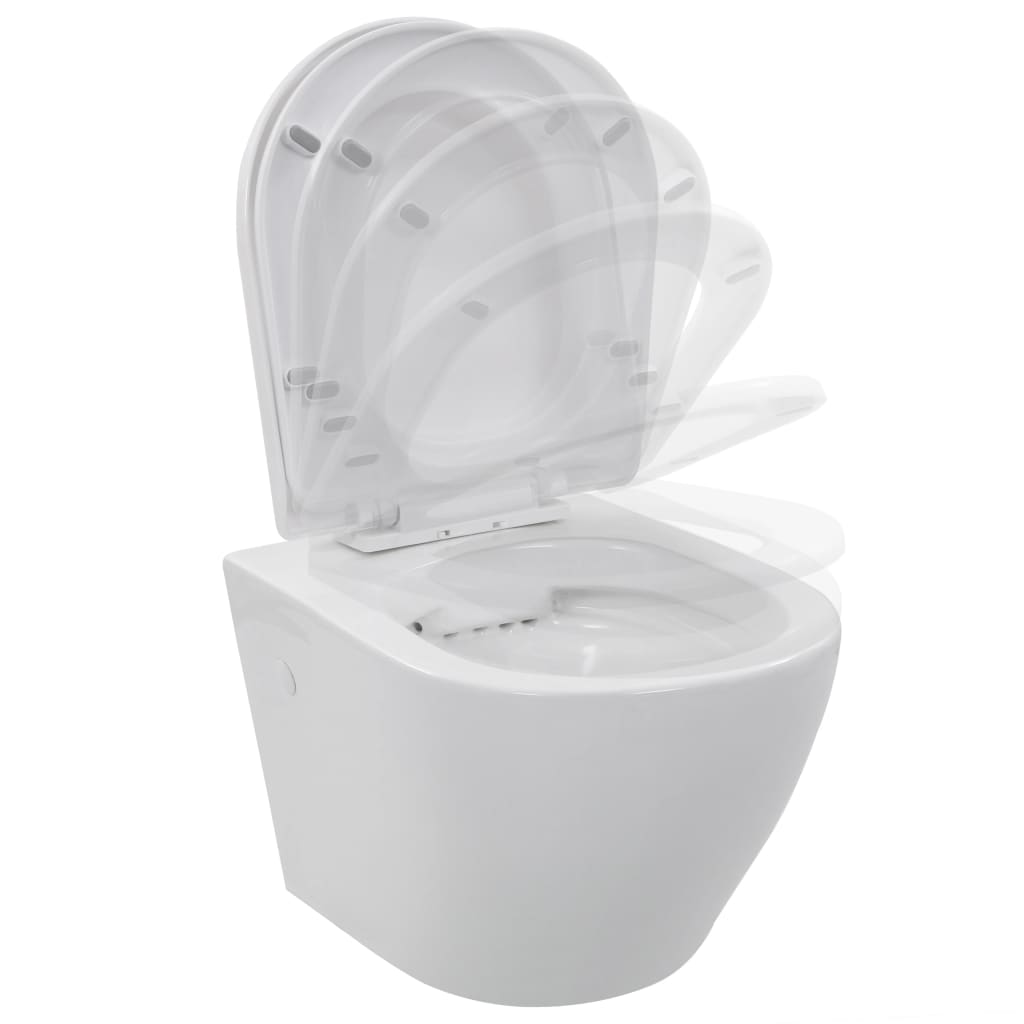 Wall hung rimless toilet in ceramic white with a soft-close lid, designed for easy cleaning and modern bathrooms.