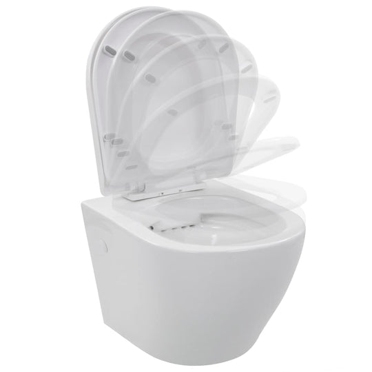 Wall hung rimless toilet in ceramic white with a soft-close lid, designed for easy cleaning and modern bathrooms.