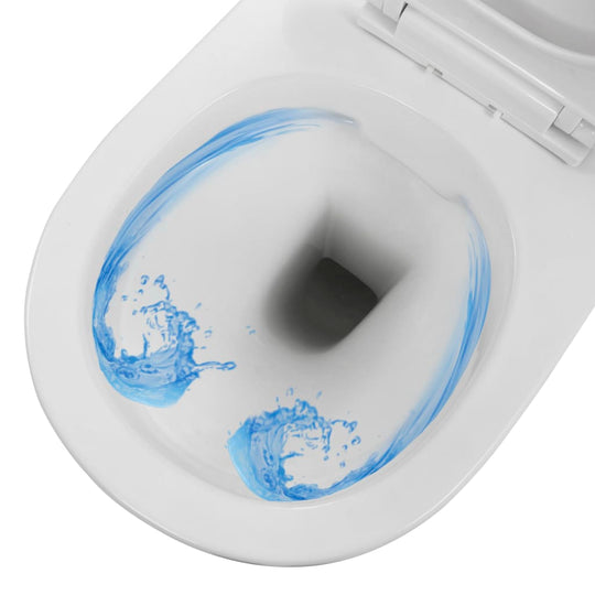 Wall hung rimless toilet in white ceramic with a water wave design for efficient cleaning and modern bathroom decor.