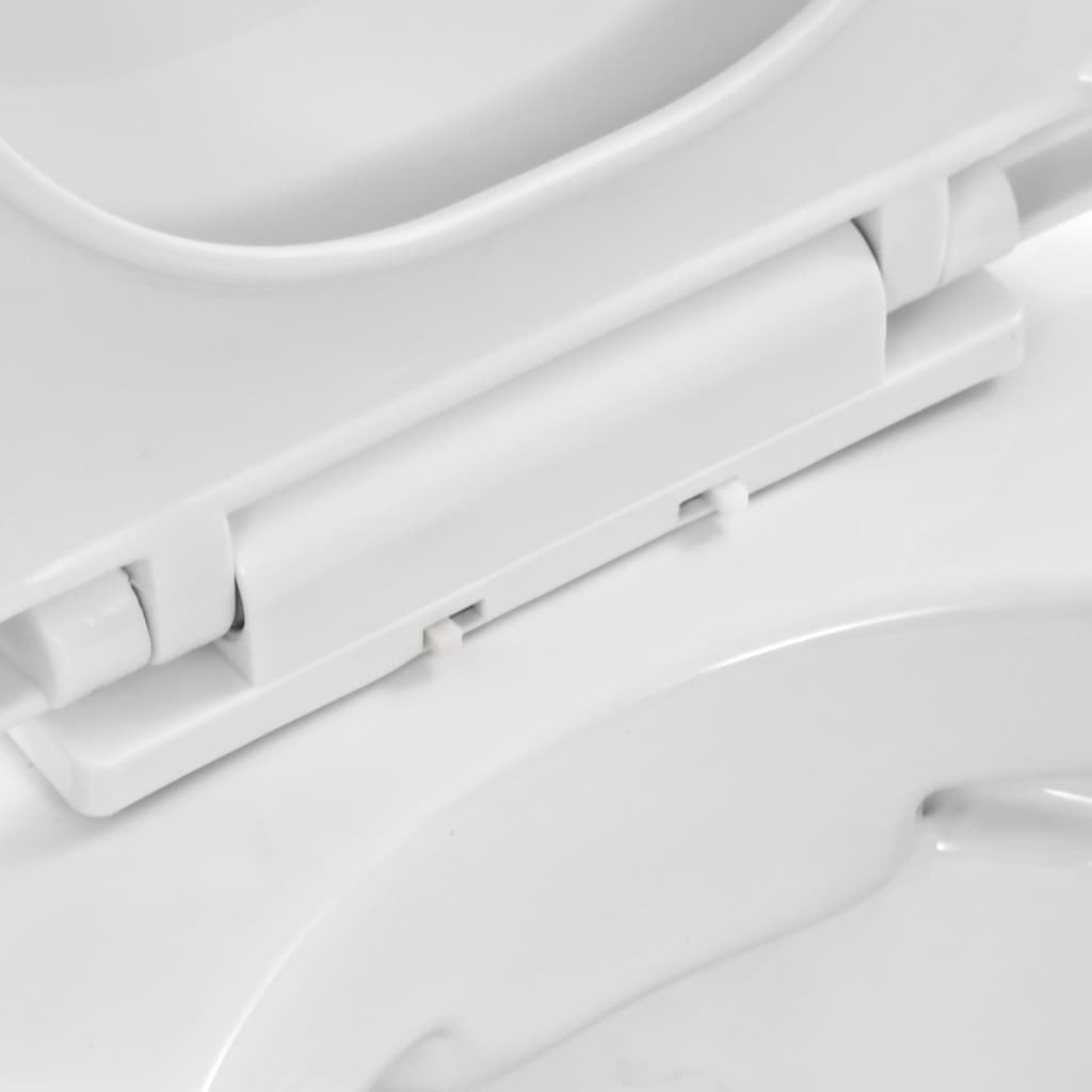 Close-up of the hinge mechanism on a wall-hung rimless toilet in ceramic white, showcasing its sleek design.