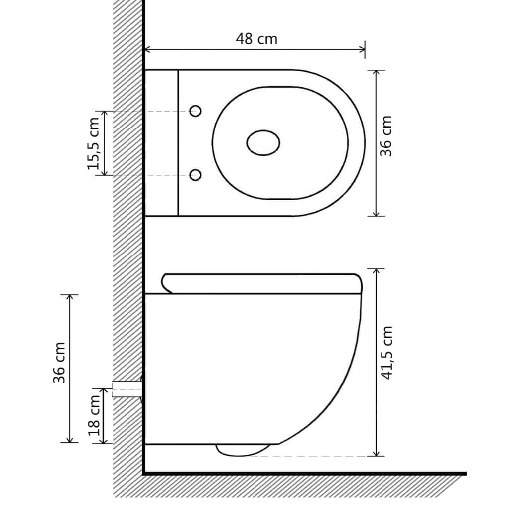 Dimensions diagram of a wall-hung rimless toilet, featuring measurements for height and depth. Ideal for space-saving bathroom design.