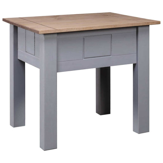 Rustic grey nightstand with wooden top, perfect as a bedside table or in living room decor. Ideal for decorative items.