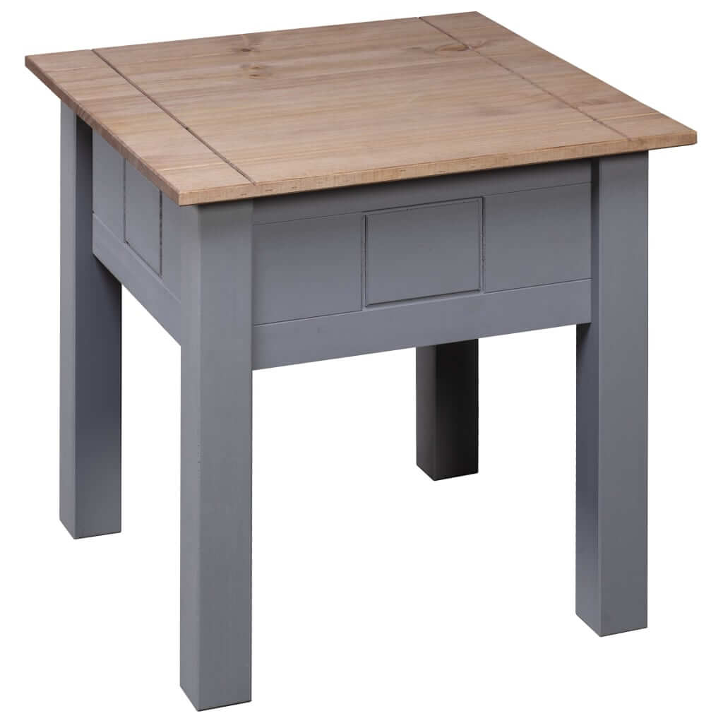 Rustic grey nightstand with natural wood top, versatile for living room or bedroom decor, made of durable pinewood.