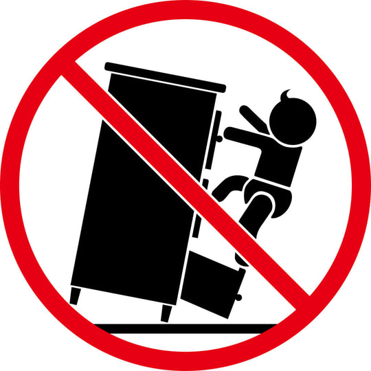 Warning sign against children climbing furniture to prevent accidents and injuries.