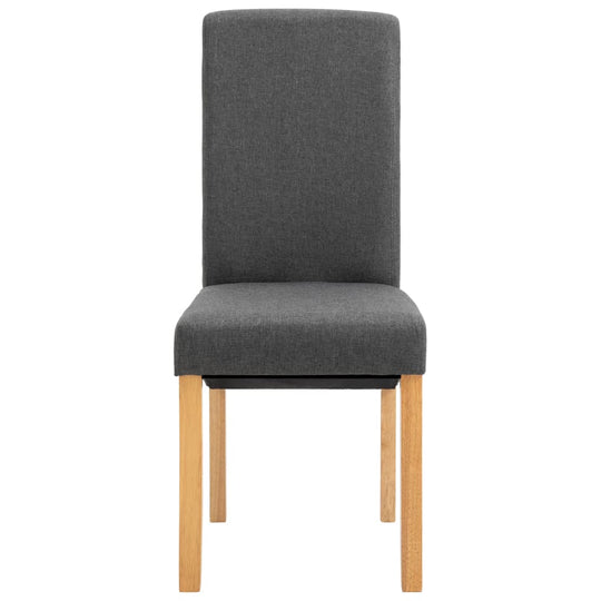 Grey fabric dining chair with solid wooden legs, ideal for home and outdoor furniture settings.