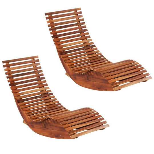 Two elegant acacia wood rocking sun loungers with a rustic design, perfect for outdoor furniture and lounging.