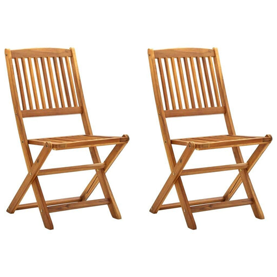 Two folding outdoor chairs made of solid acacia wood, perfect for garden or patio dining, featuring a sleek, natural design.