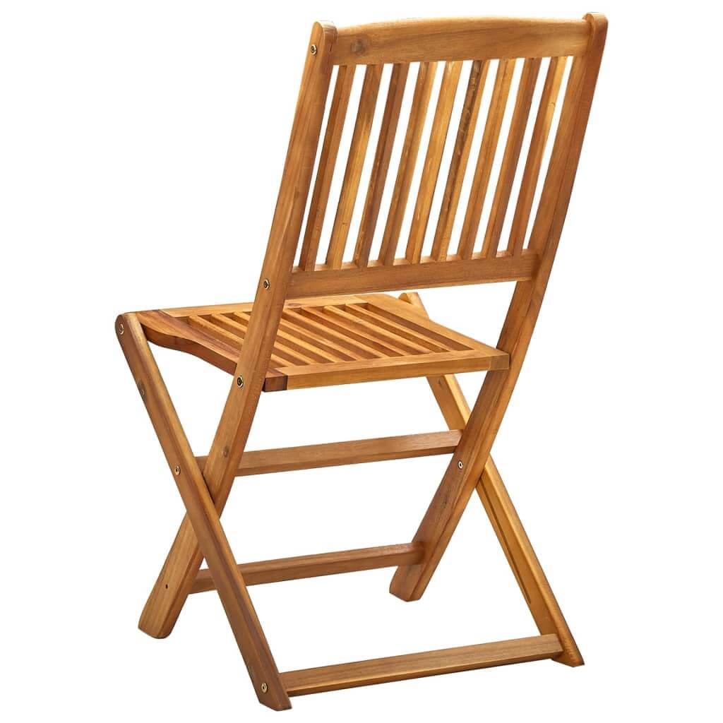 Folding outdoor chair made of solid acacia wood, featuring a slatted backrest and seat, ideal for garden and patio use.