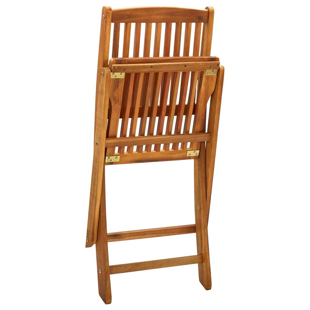 Folding outdoor chair made of solid acacia wood, displaying a slatted design and a compact shape for easy storage.