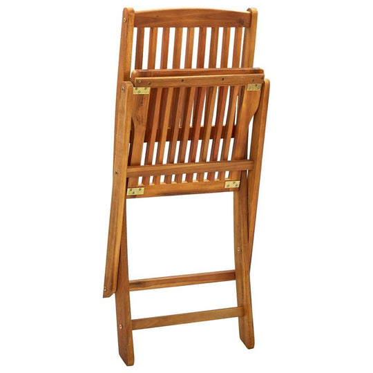 Folding outdoor chair made of solid acacia wood, displaying a slatted design and a compact shape for easy storage.