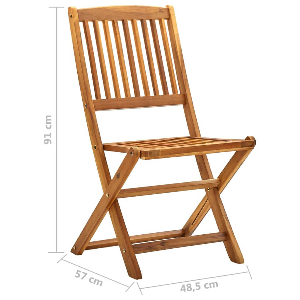 Folding outdoor chair made of solid acacia wood, perfect for patio and garden use, measuring 91 cm high and 48.5 cm wide.