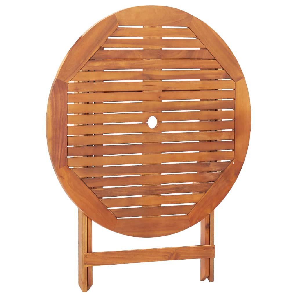 Round folding garden table made of solid acacia wood with parasol hole, perfect for outdoor dining and relaxation.