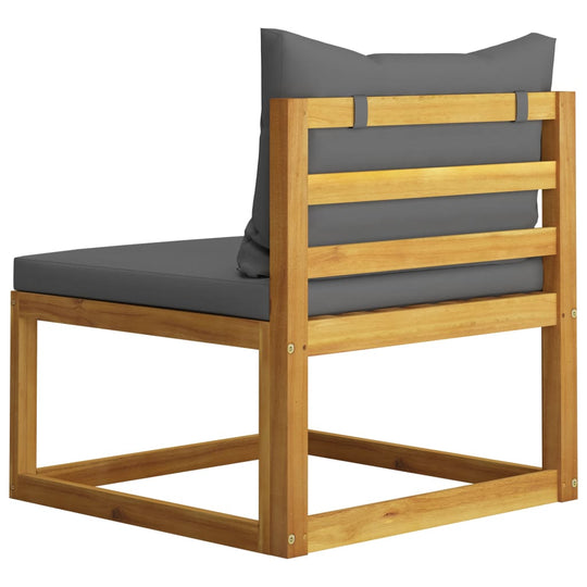 Solid acacia wood lounge chair with gray cushions, perfect for outdoor furniture and garden relaxation.